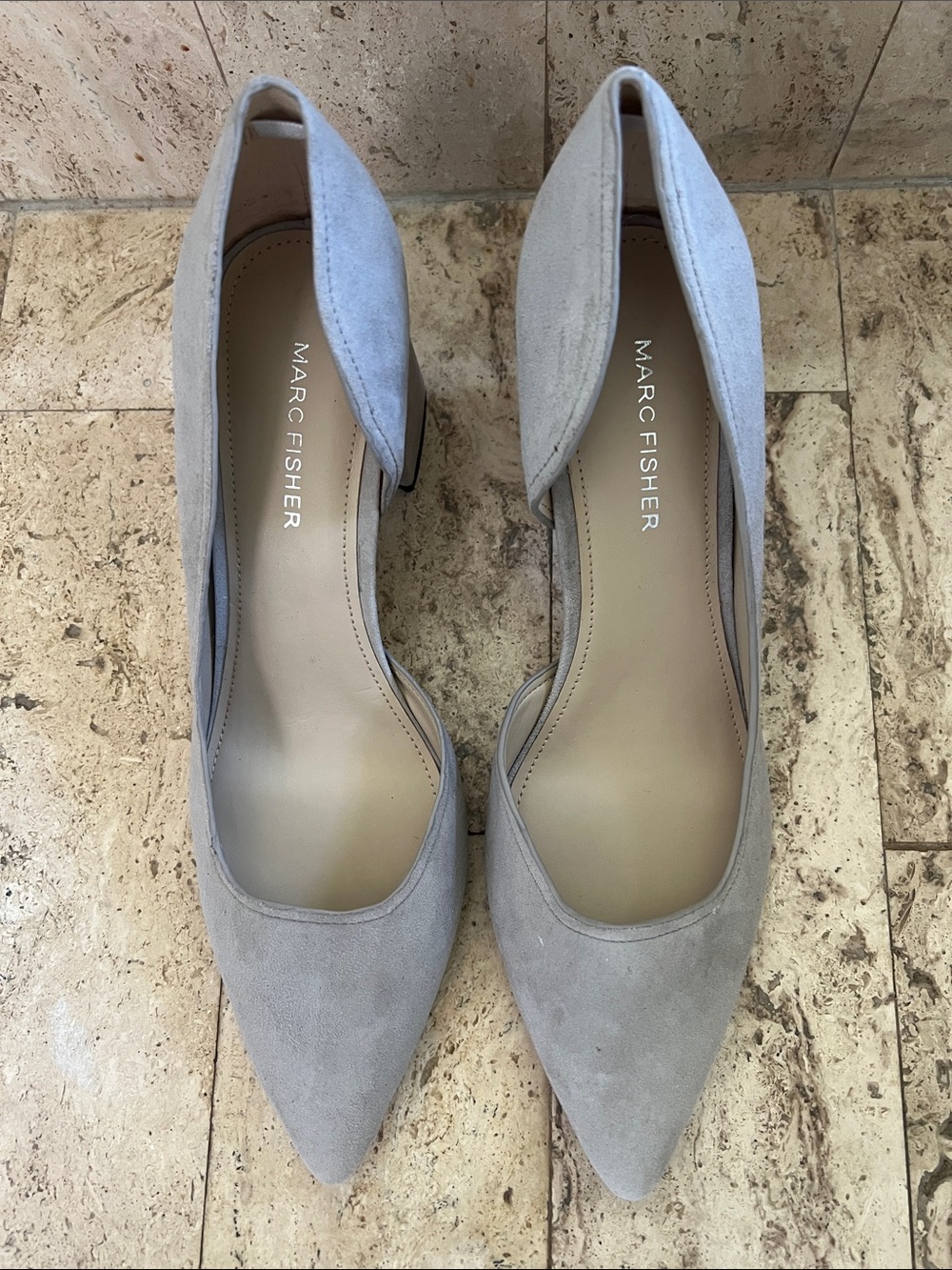 Marc Fisher Pointed D'Orsay Heels in Light Gray Suede 8 1/2 M